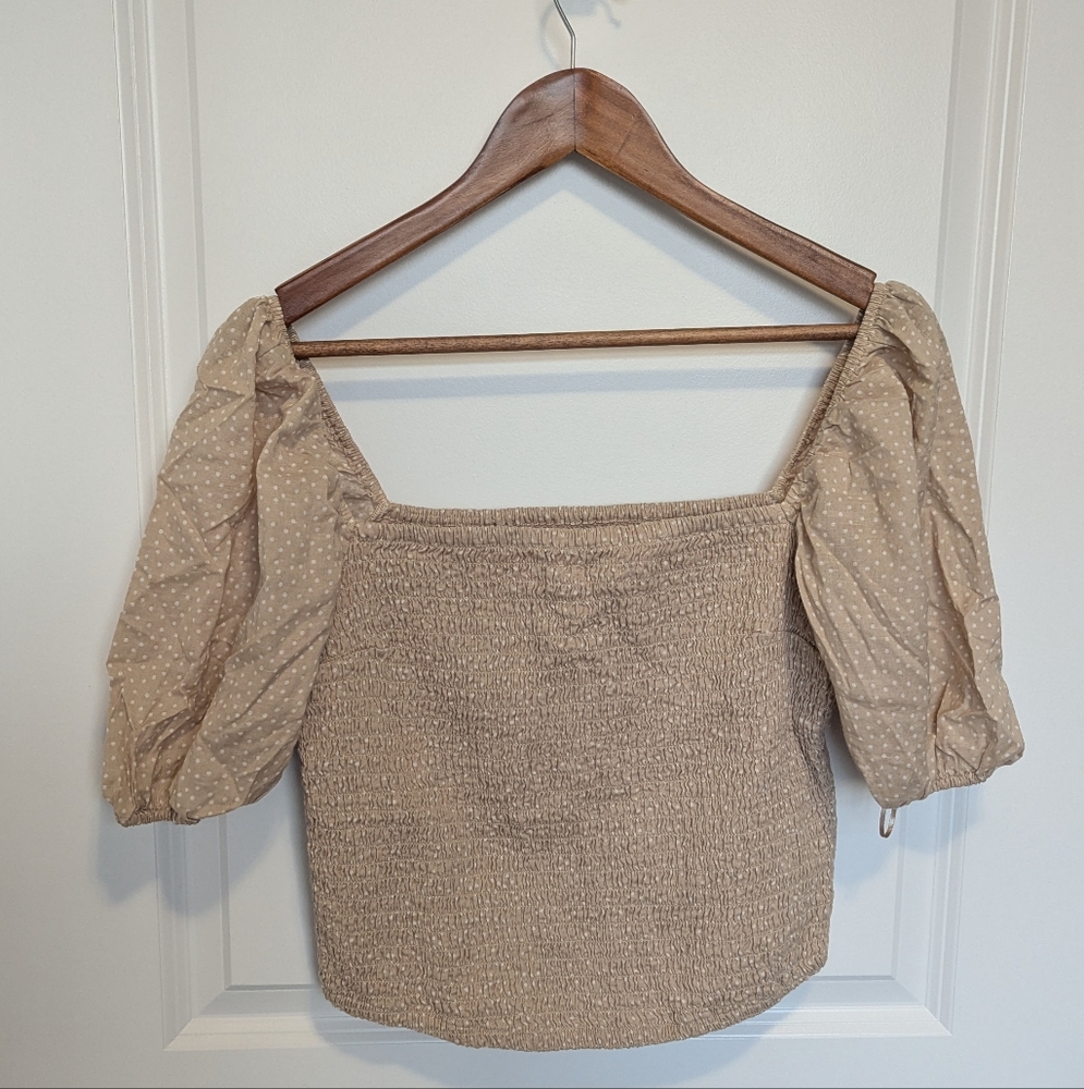 Abercrombie & Fitch Tan Polka Dot Smocked Puff Sleeve Blouse